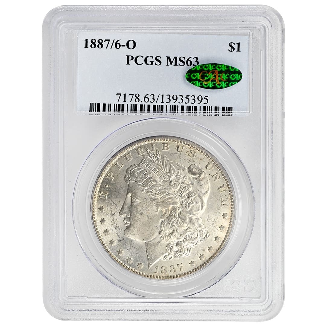 1887/6-O $1 Morgan Dollar PCGS MS63 CAC Rare Top 100 VAM Coin: 1887/6-O $1 Morgan Dollar PCGS MS63 CAC Rare Top 100 VAM Coin This 1887/6-O $1 Morgan Dollar is a rare and collectible coin from the United States, featuring a beautiful uncirculated condition. Minted