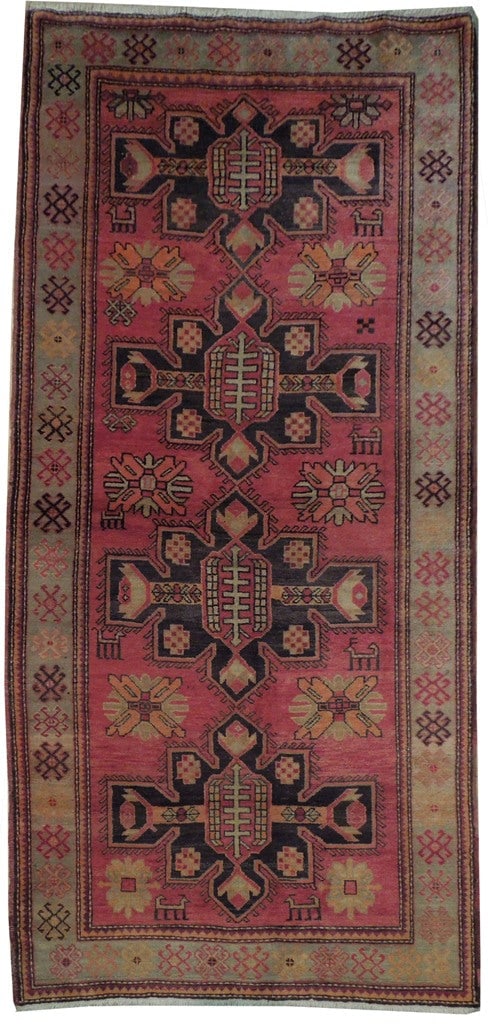 Antique Caucasian Kazak Runner Rug 4'2 x 9'8 Light Red Handwoven (1 of 6)