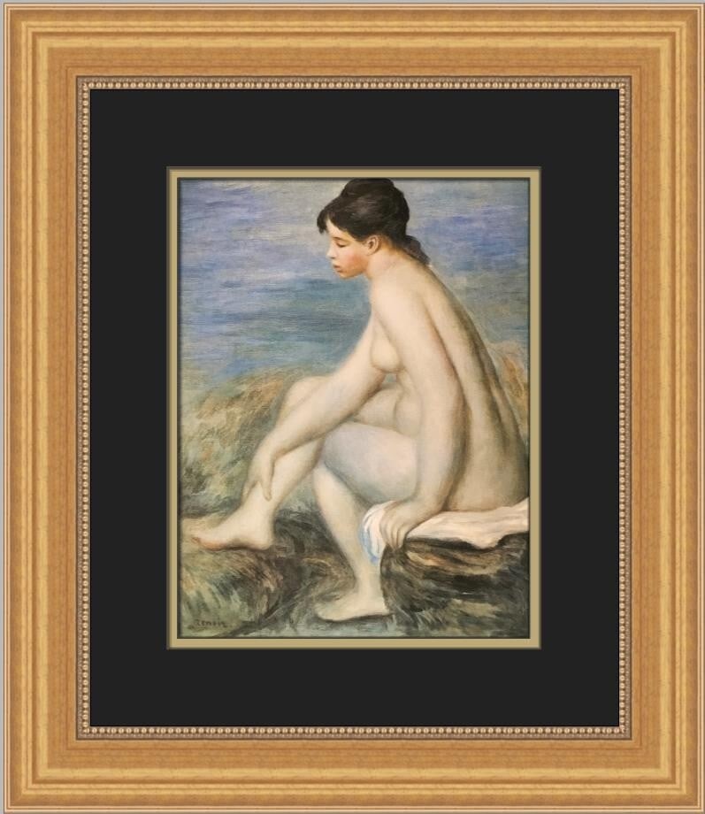 Pierre-Auguste Renoir A Seated Bather Custom Framed Art Print: Pierre-Auguste Renoir A Seated Bather Custom Framed Art Print This exquisite custom framed print by Pierre-Auguste Renoir features the captivating artwork titled "A Seated Bather," showcasing the eleg