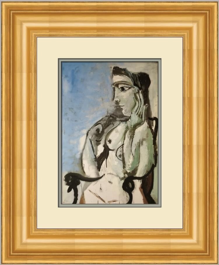 Pablo Picasso Nude Woman in Armchair Custom Framed Art Print: Pablo Picasso Nude Woman in Armchair Custom Framed Art Print This exquisite custom framed print features Pablo Picasso's captivating artwork titled "Nude Woman in Armchair." The piece showcases a stun
