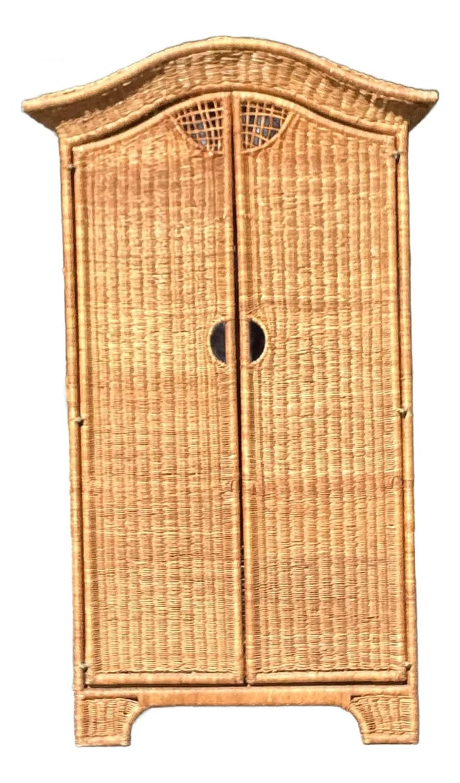 Vintage Woven Rattan Arched Armoire Coastal Charm 46W x 21D x 80H: Vintage Woven Rattan Arched Armoire Coastal Charm 46W x 21D x 80H Add a touch of coastal elegance to your home with this stunning vintage woven rattan armoire. It showcases an elegant arched top and i