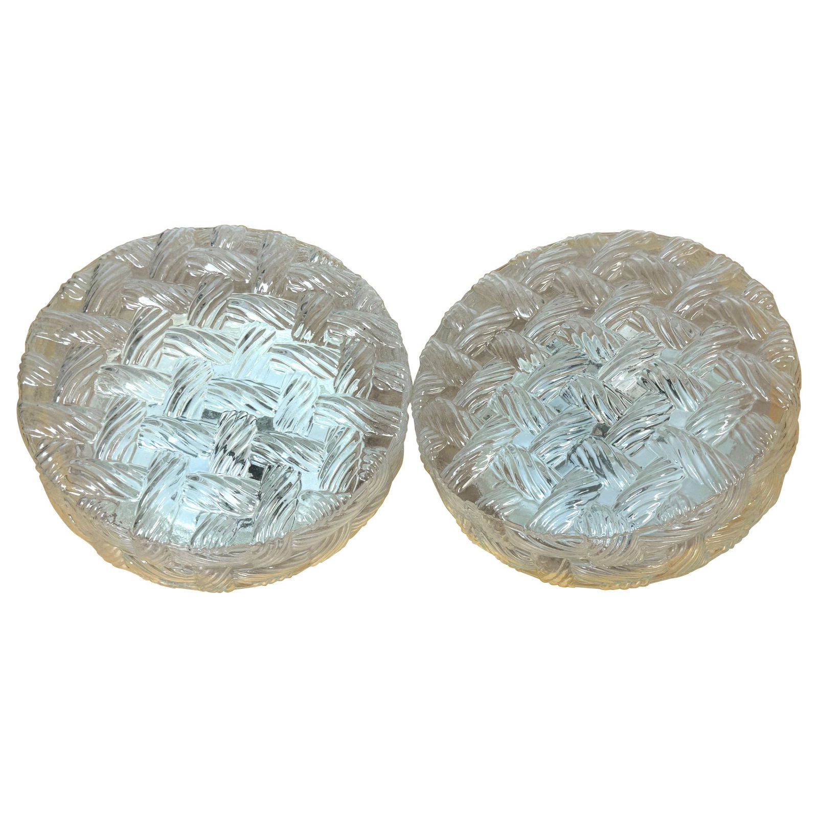 Set of 2 Murano Glass Woven Rope Flushmount Chandeliers Italy Mid-Century Modern: Set of 2 Murano Glass Woven Rope Flushmount Chandeliers Italy Mid-Century Modern Illuminate your space with this stunning pair of Clear Murano Glass 'Woven Rope' flushmount chandeliers, crafted in Ita