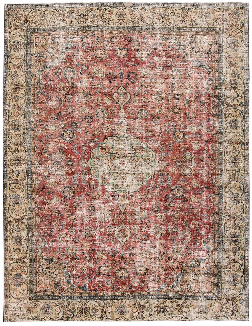 Antique Persian Tabriz Wool Rug 8'2 x 11'10 Distressed Design: Antique Persian Tabriz Wool Rug 8'2 x 11'10 Distressed Design Discover the beauty of this Antique hand-knotted Persian Tabriz rug, featuring a distressed finish and an intricate all-over motif. This s