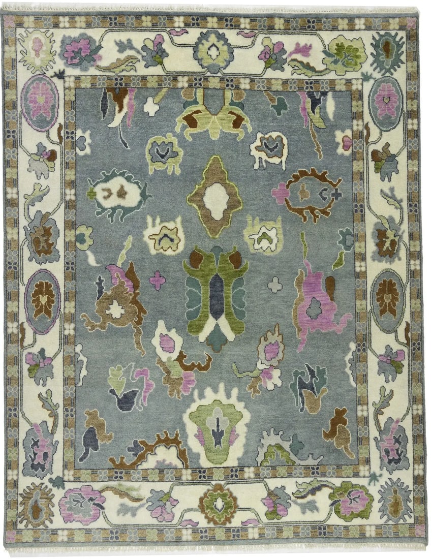 Hand-Knotted Wool Floral Oushak Chobi Area Rug 7'10 x 9'11 Modern Traditional: Hand-Knotted Wool Floral Oushak Chobi Area Rug 7'10 x 9'11 Modern Traditional This hand-knotted Oushak Chobi area rug features a floral pattern in muted tones of gray, cream, brown, green, magenta, an