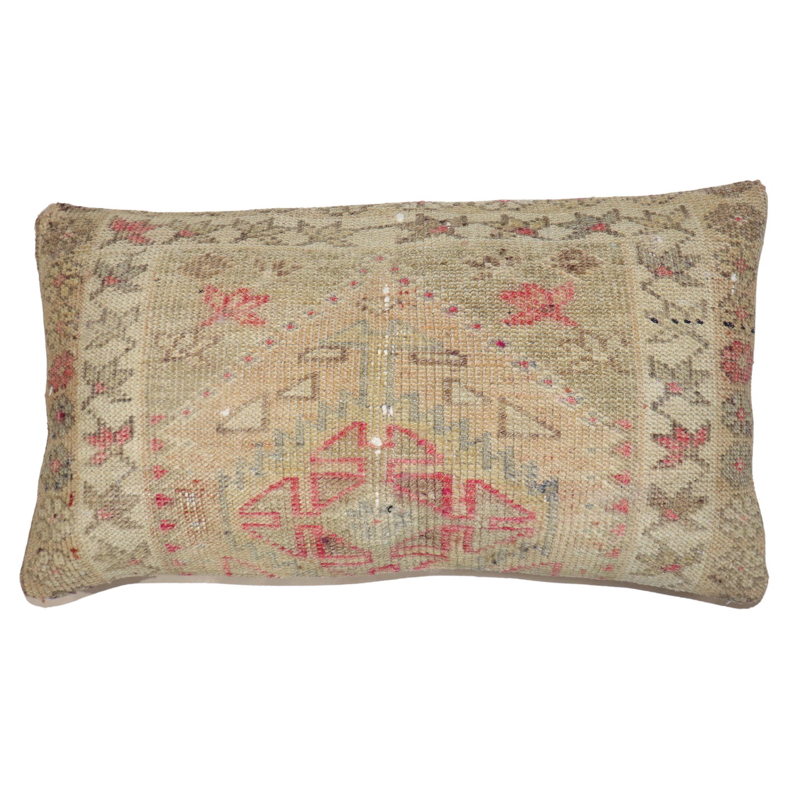 Large Oushak Turkish Rug Pillow 15 x 27 Cotton Wool: Large Oushak Turkish Rug Pillow 15 x 27 Cotton Wool Enhance your decor with this large Turkish Anatolian rug pillow, expertly crafted from a mid-20th-century Oushak rug. This unique bolster pillow fea