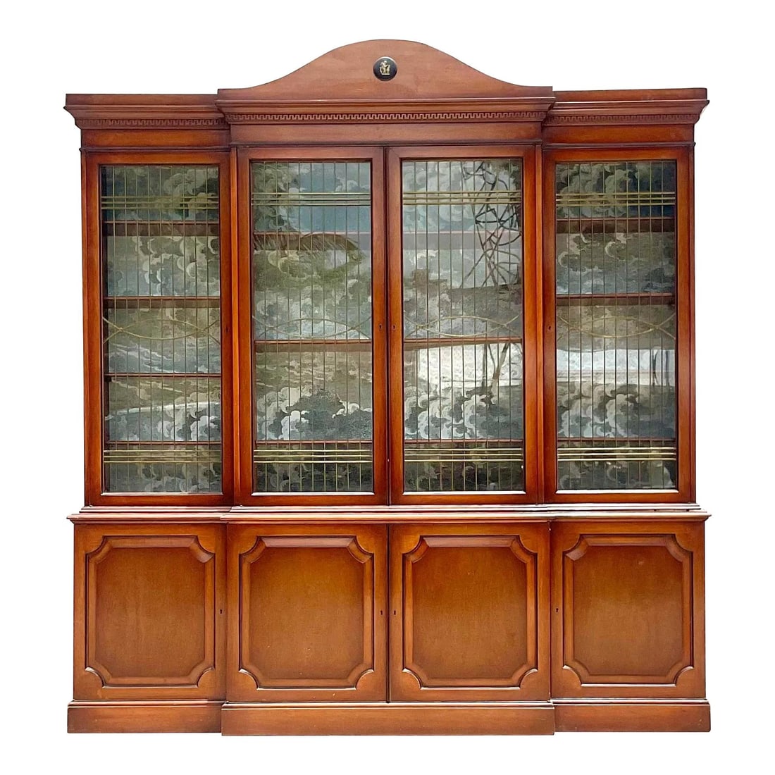 Stunning Vintage Boho Biedermeier Glass Breakfront with Greek Key Molding: Stunning Vintage Boho Biedermeier Glass Breakfront with Greek Key Molding This exquisite vintage Boho breakfront showcases the elegance of Biedermeier style, featuring intricate Greek Key molding and