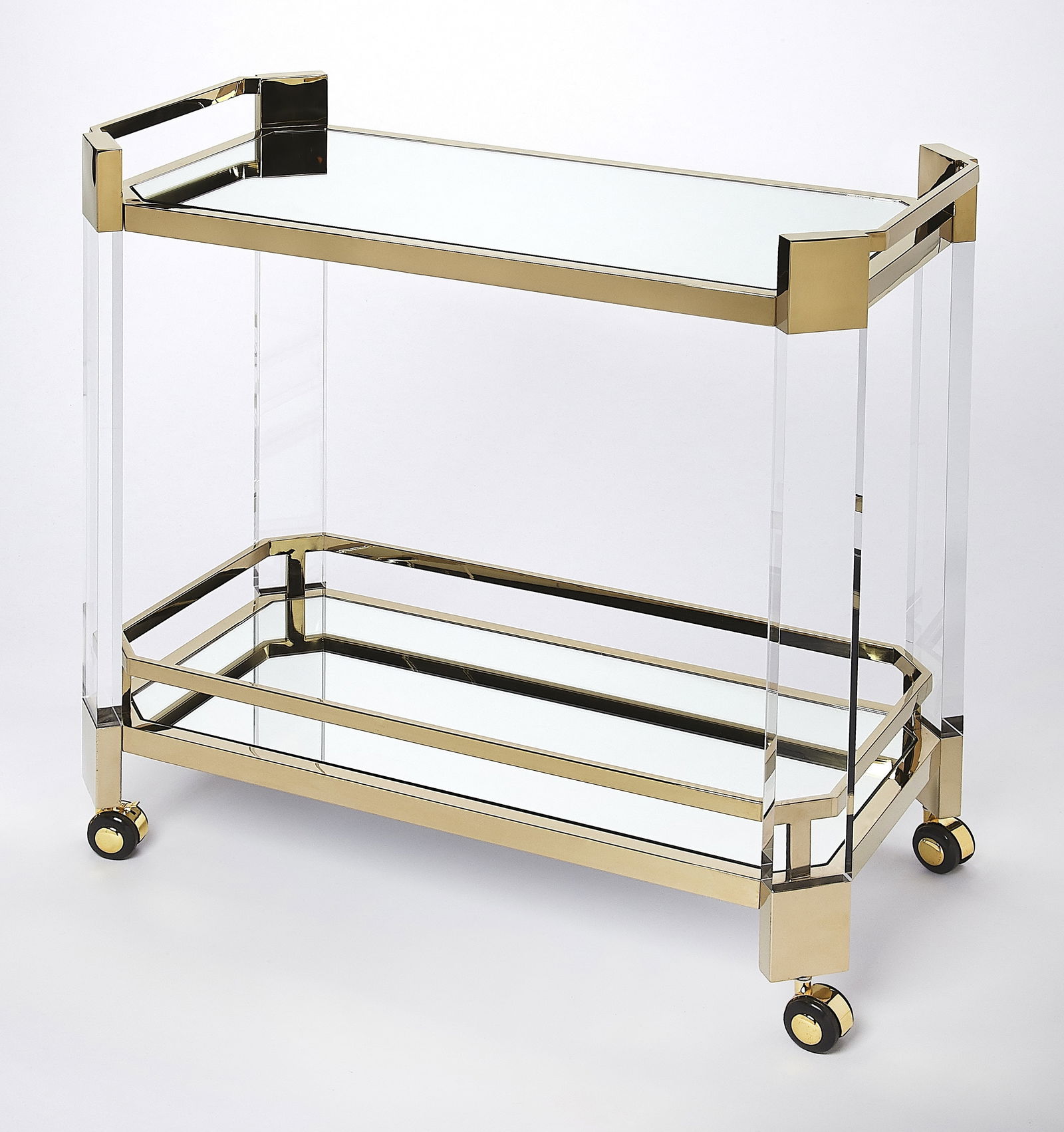 Butler Charlevoix Contemporary Gold Serving Cart Acrylic Glass Stainless Steel: Butler Charlevoix Contemporary Gold Serving Cart Acrylic Glass Stainless Steel Introducing the Contemporary Charlevoix Gold Serving Cart, a stunning addition to any modern space. This elegant cart fea