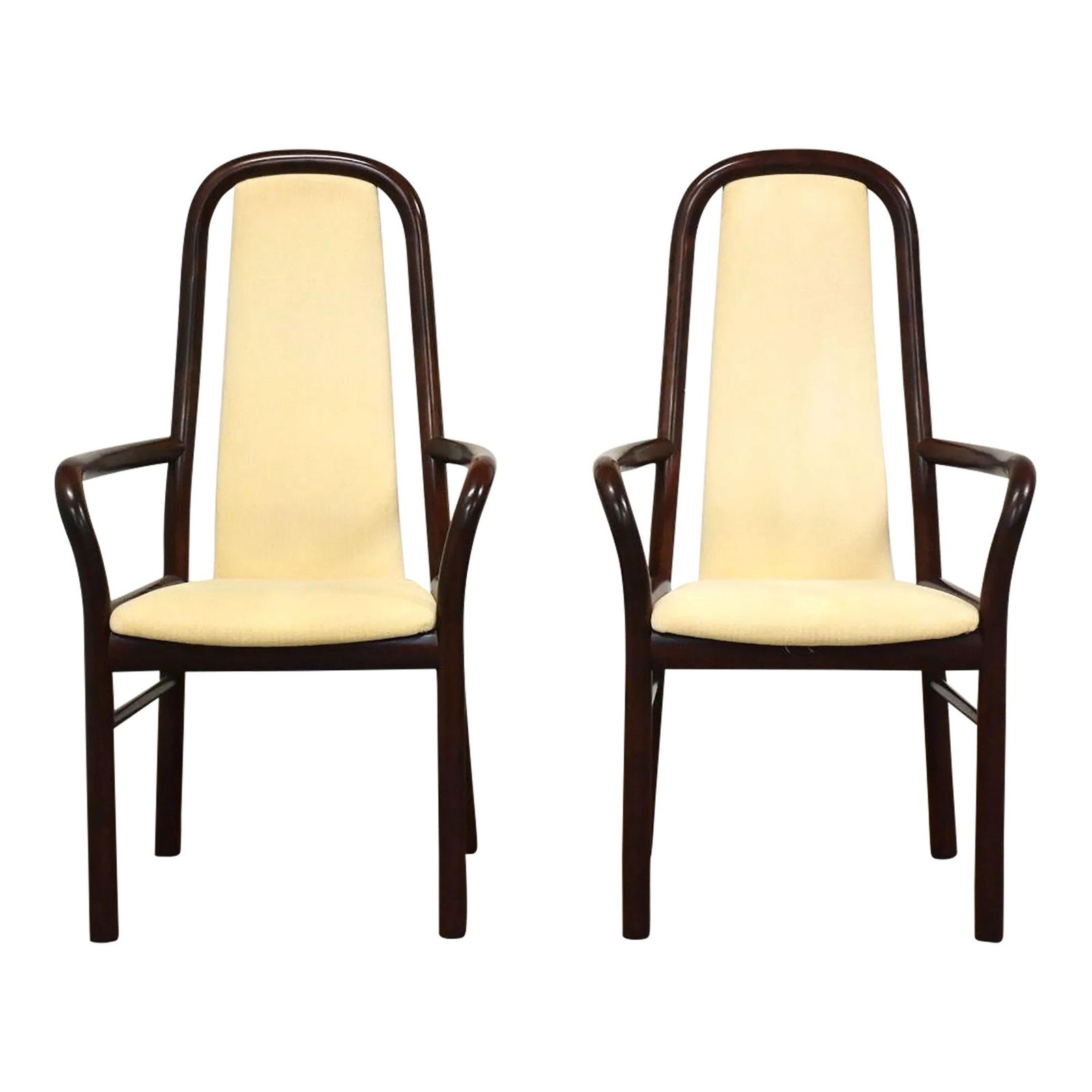 Mid-Century Modern Boltinge Rosewood Dining Arm Chairs Pair: Mid-Century Modern Boltinge Rosewood Dining Arm Chairs Pair This exquisite pair of mid-century modern dining arm chairs features a rich rosewood color complemented by off-white fabric upholstery. Desi
