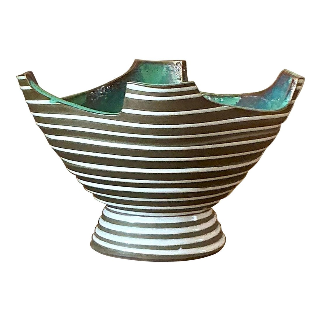 Vintage Boho Geometric Teal Pottery Bowl with Metallic Edge (1 of 7)