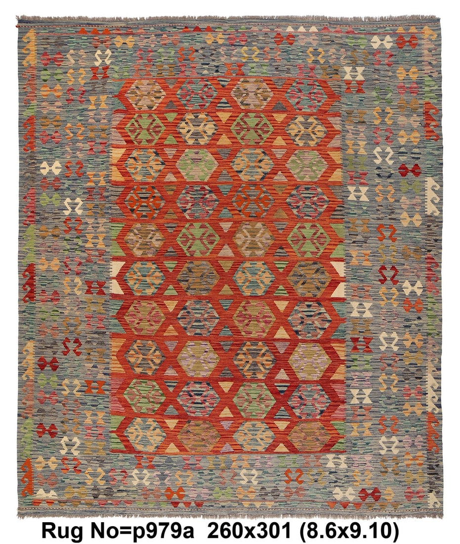 8.6 x 9.11 Handmade Red Vegetable Kilim Wool Rug (1 of 9)