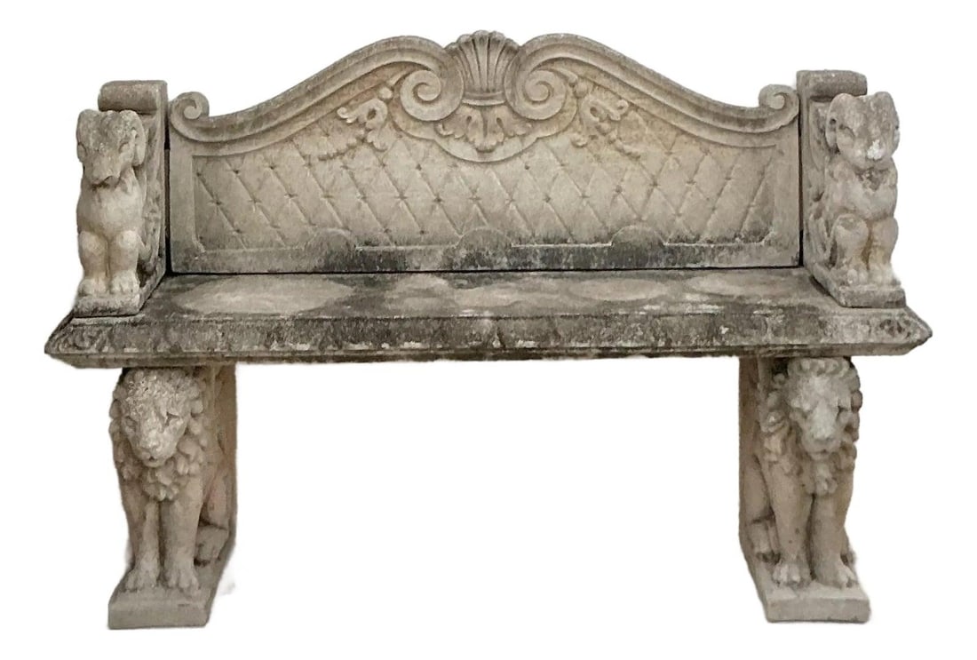 Vintage Boho Cast Stone Bench with Lion and Griffin Accents (1 of 7)