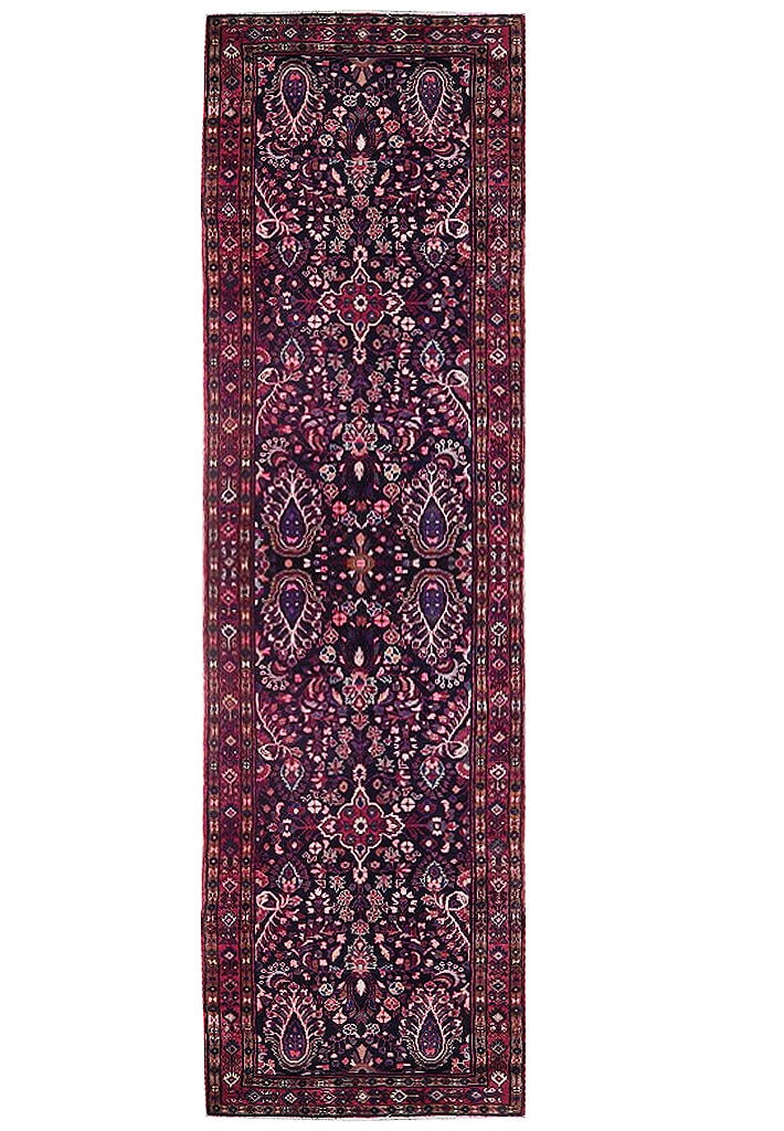 Dark Maroon 3.9 x 14.2 Hand-Knotted Persian Hamadan Runner: Dark Maroon 3.9 x 14.2 Hand-Knotted Persian Hamadan Runner Free continental US Shipping Introducing a captivating Dark Maroon Semi-Antique Persian Hamadan Runner, a timeless masterpiece that embodies