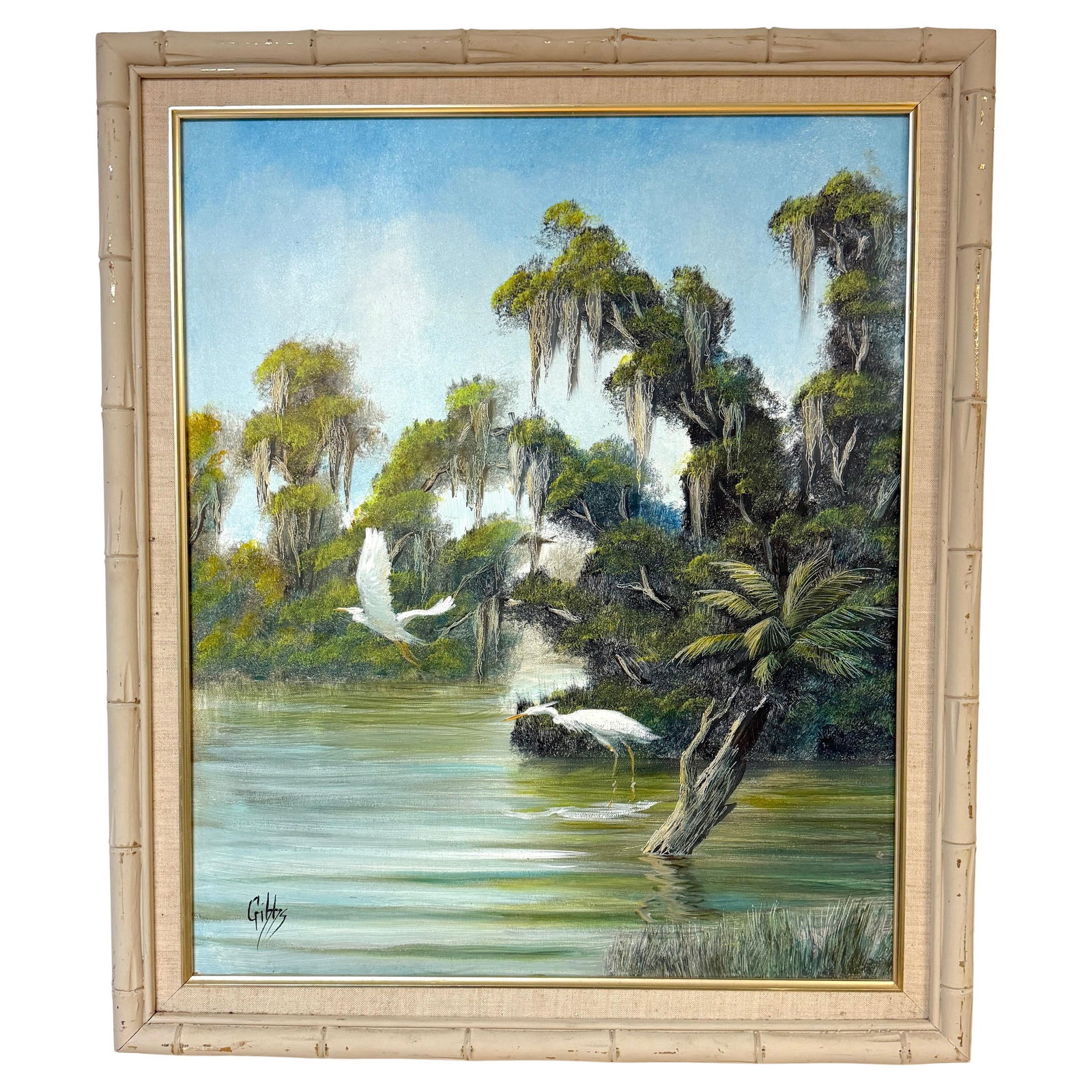 Florida Wetland Landscape Oil Painting by Joseph Gibbs Highwaymen Circa 1970s: Florida Wetland Landscape Oil Painting by Joseph Gibbs Highwaymen Circa 1970s This oil on canvas painting by Joseph Gibbs, a prominent member of the Florida Highwaymen, presents a tranquil Florida wet