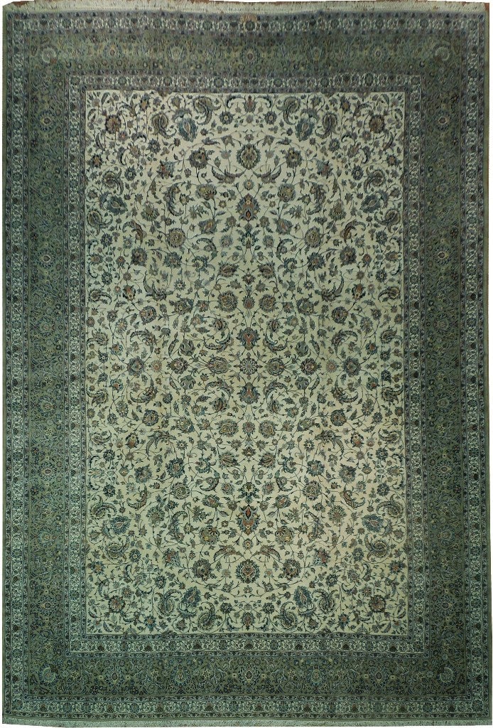 Handcrafted 13.8x19.3 Persian Kashan Area Rug Green Ivory (1 of 6)