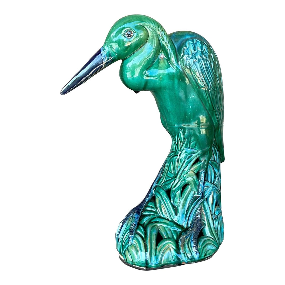 Vintage Coastal Glazed Ceramic Heron 24 Inch Statue: Vintage Coastal Glazed Ceramic Heron 24 Inch Statue This vintage monumental glazed ceramic heron is a stunning addition to any space, exuding coastal elegance. Hand-sculpted in a vibrant mix of