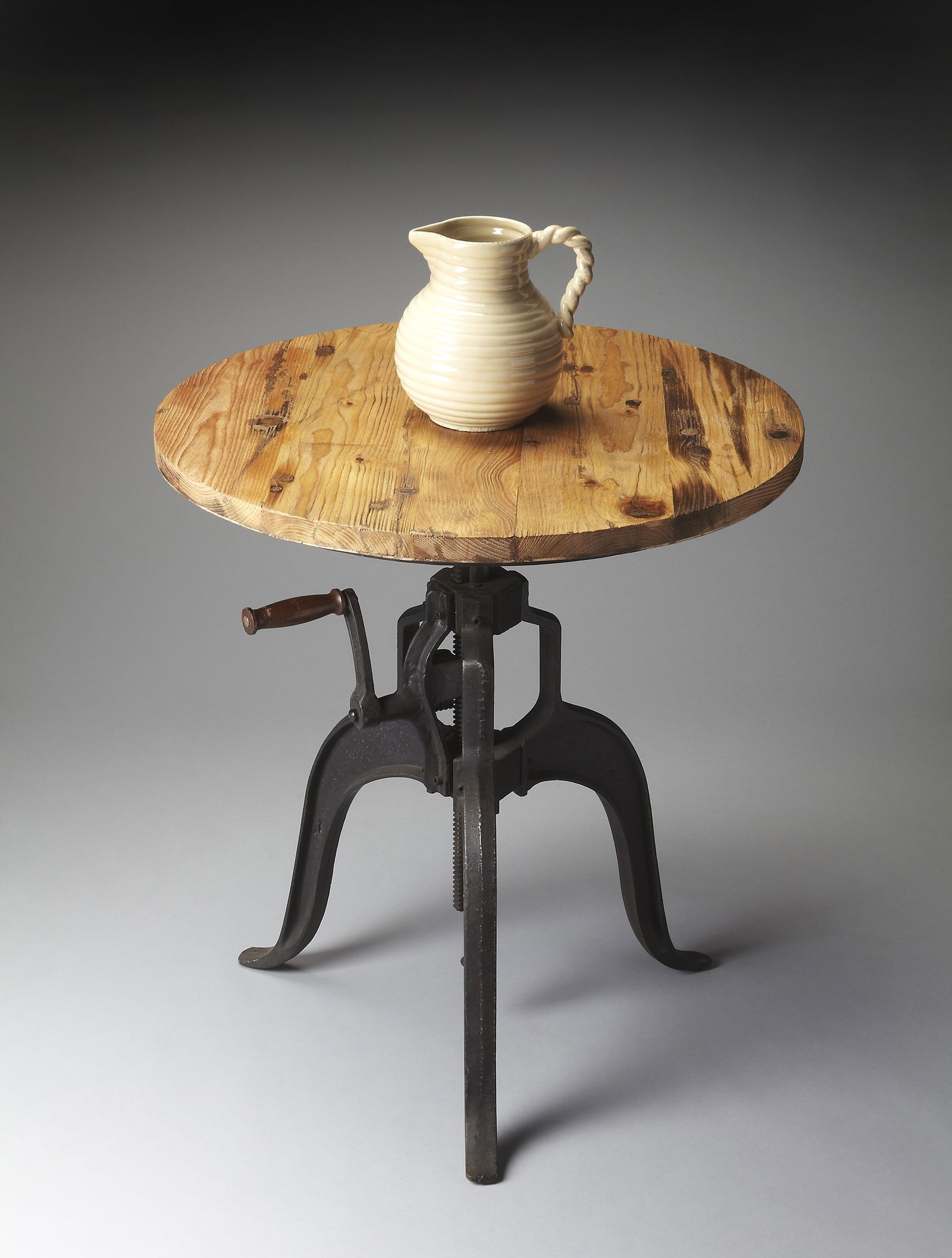 Butler Albert Industrial Style Pub Table with Crank Handle: Butler Albert Industrial Style Pub Table with Crank Handle Introducing the Industrial Pub Table, a stunning blend of vintage charm and modern functionality. Crafted in an antique style, this new hall