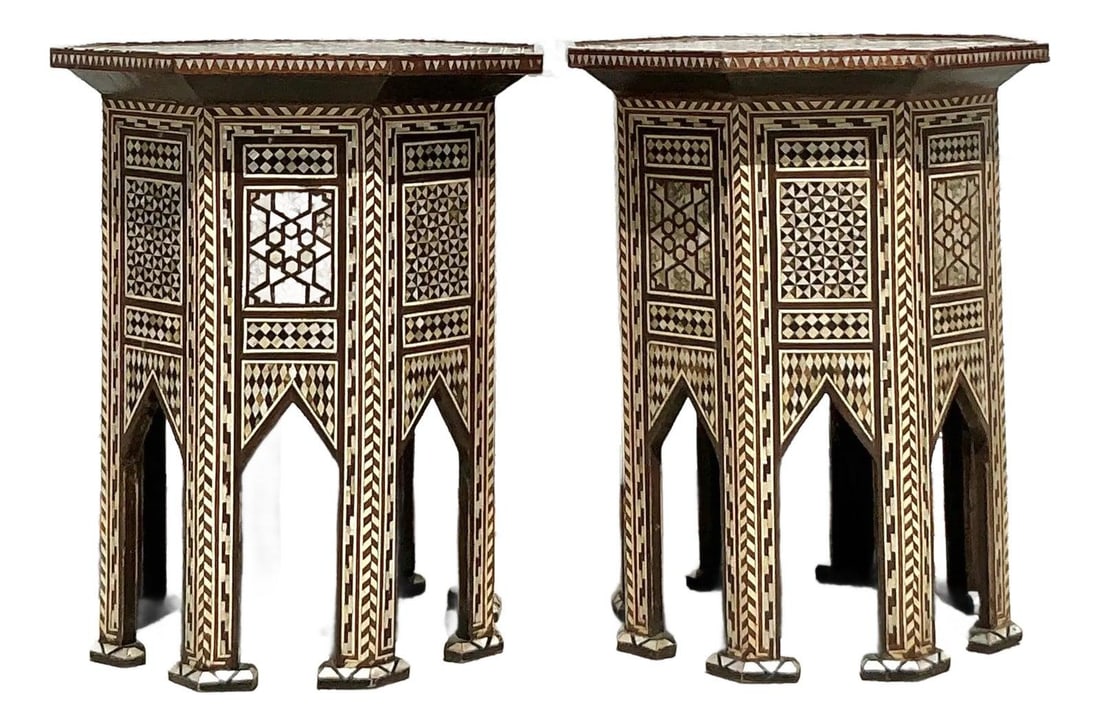 Vintage Moroccan Inlay Drinks Tables Pair Octagonal Design: Vintage Moroccan Inlay Drinks Tables Pair Octagonal Design Elevate your living space with this stunning pair of vintage Moroccan inlay drinks tables. Each table showcases masterful artistry with intri