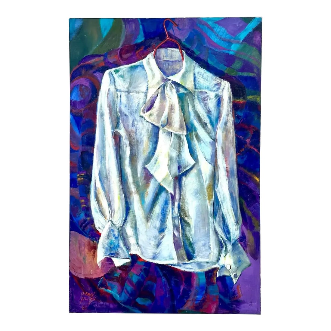 Oil Canvas Artwork Featuring Ruffled Shirt in Abstract Style: Oil Canvas Artwork Featuring Ruffled Shirt in Abstract Style This vintage abstract painting features a ruffle shirt rendered in soft white tones with vibrant blue and purple accents, set against a tex