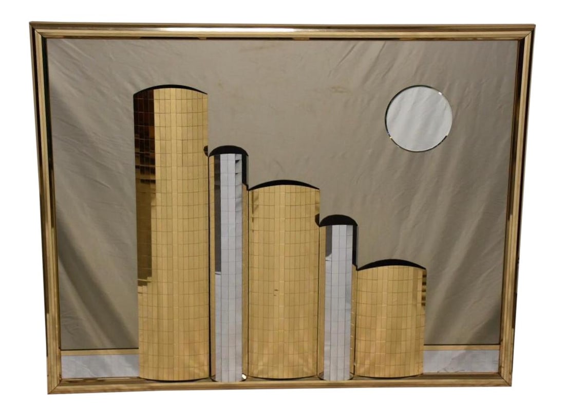 1980s Modern Cityscape Mirror in Chrome and Rose Brass: 1980s Modern Cityscape Mirror in Chrome and Rose Brass This stunning 1980s modern mirror features a unique rose brass and chrome design, depicting a textured and raised nighttime cityscape with a moon