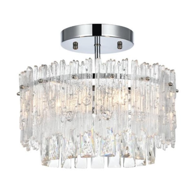 Emilia 12 Inch Modern Chrome Flush Mount Crystal Chandelier Three Light Fixture: Emilia 12 Inch Modern Chrome Flush Mount Crystal Chandelier Three Light Fixture This modern flush mount chandelier features a chrome-plated finish and royal cut clear crystals, offering a sophisticate