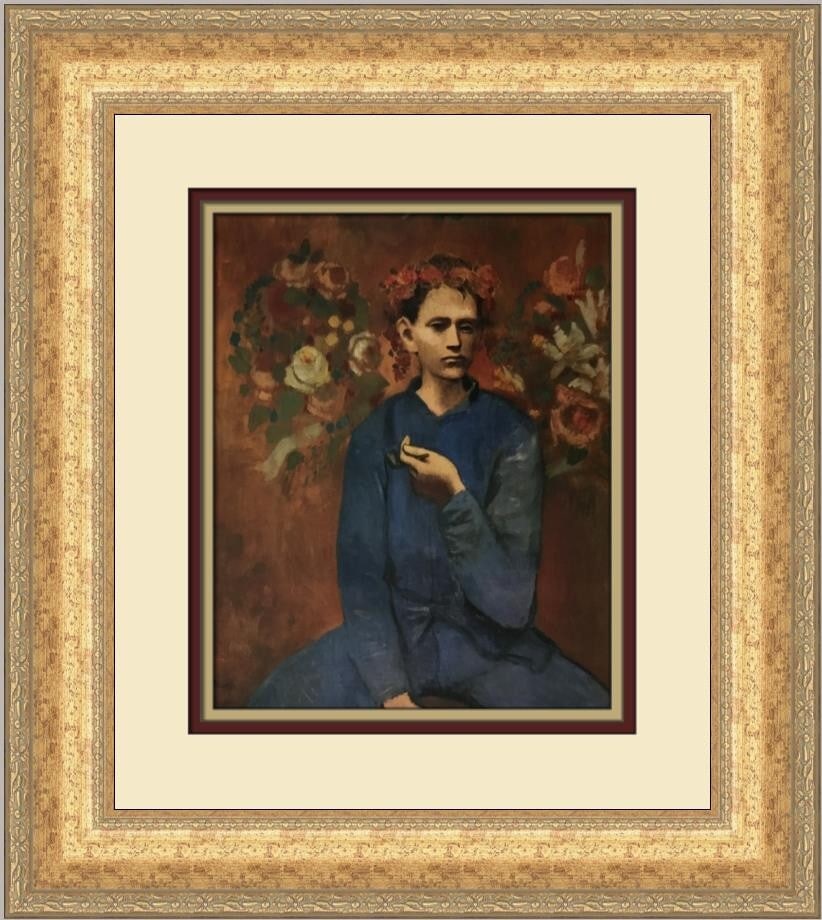 Pablo Picasso Boy with a Pipe Custom Framed Offset Lithograph Print: Pablo Picasso Boy with a Pipe Custom Framed Offset Lithograph Print Enhance your space with this stunning custom framed print of Pablo Picasso's "Boy with a Pipe." This medium-sized artwork measures 1