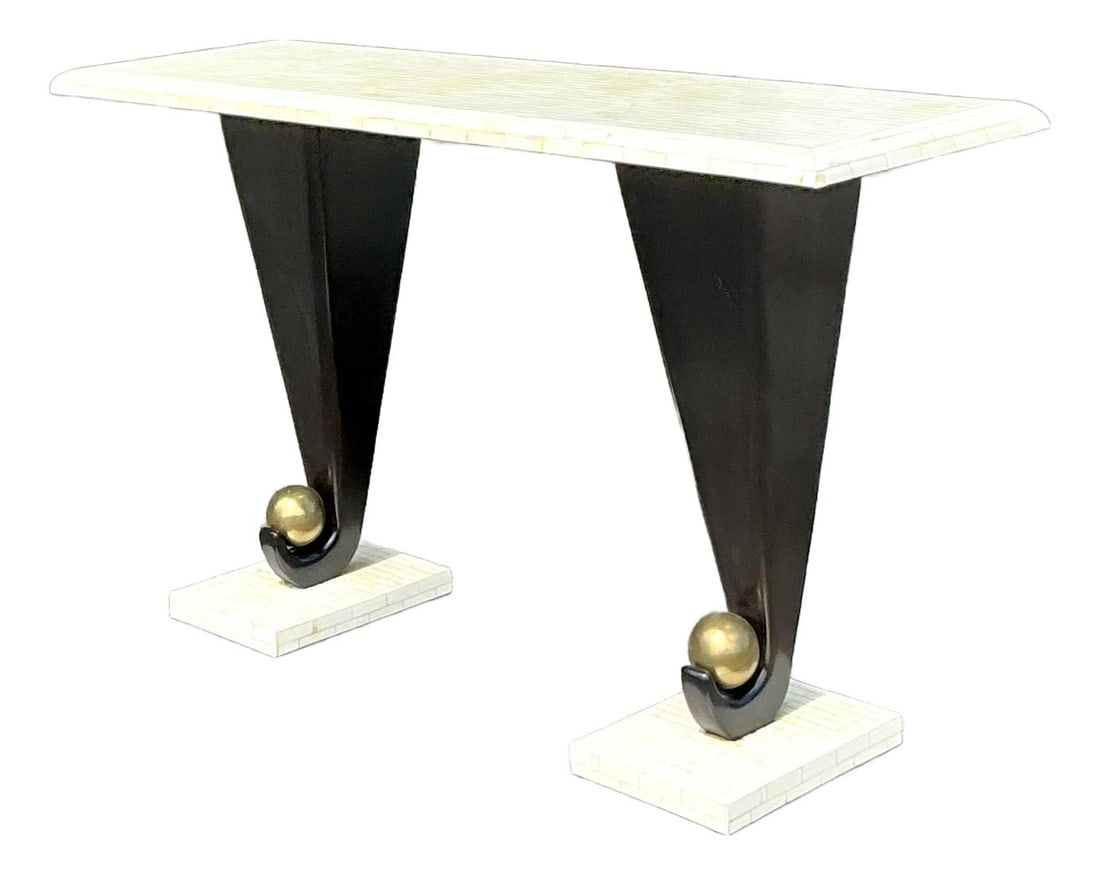 Vintage Postmodern Tessellated Bone Console Table with Brass Accents (1 of 3)