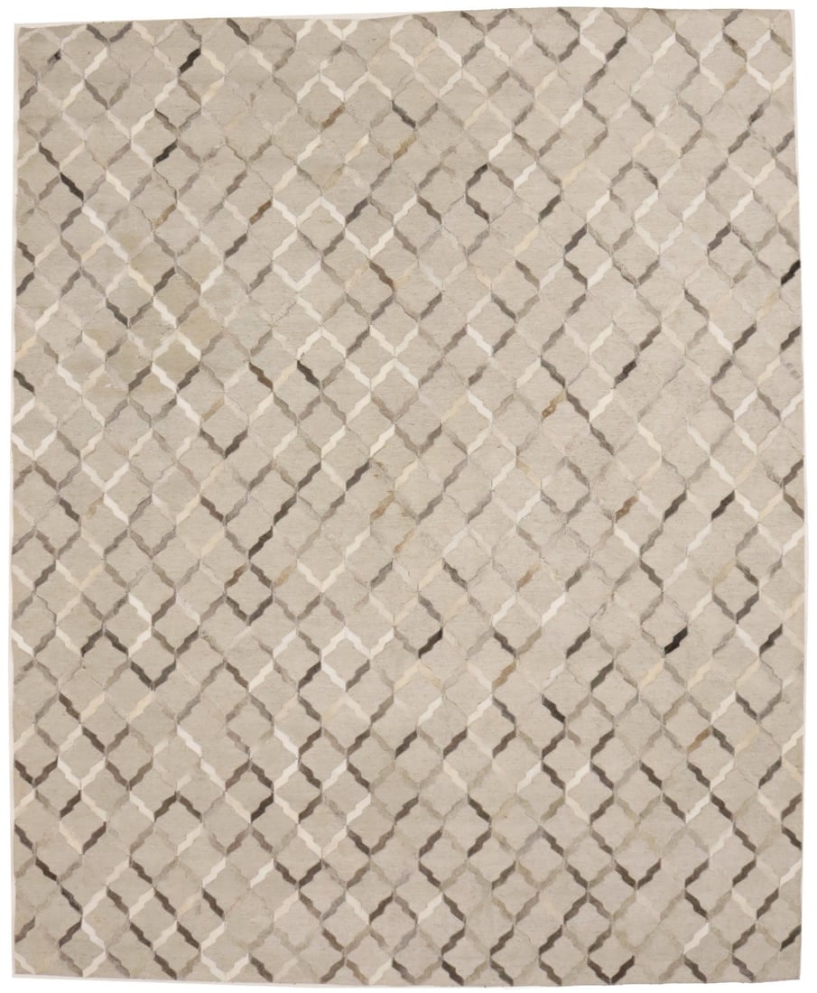 Modern Geometric Faux Leather Rug 9'9 x 7'10 Silver Handmade Area Rug (1 of 12)