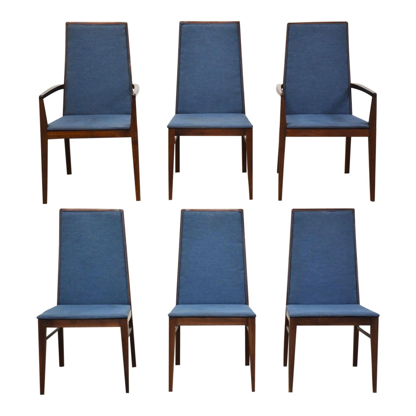 Set of 6 Dillingham Walnut Dining Chairs with Blue Fabric: Set of 6 Dillingham Walnut Dining Chairs with Blue Fabric This exquisite set of six mid-century modern dining chairs by Dillingham Furniture features a rich walnut frame complemented by elegant blue f