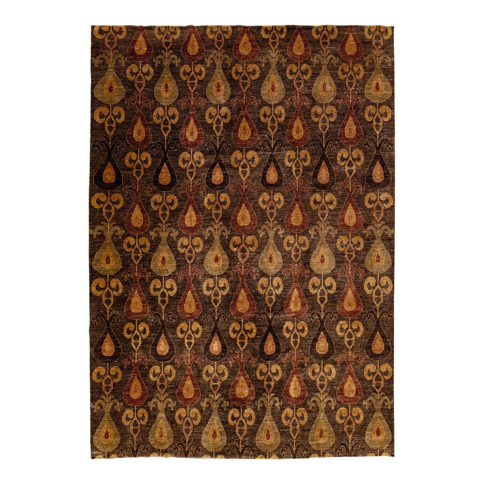 Handmade Brown Ikat Wool Rug 9' x 12'5' Geometric Design (1 of 8)