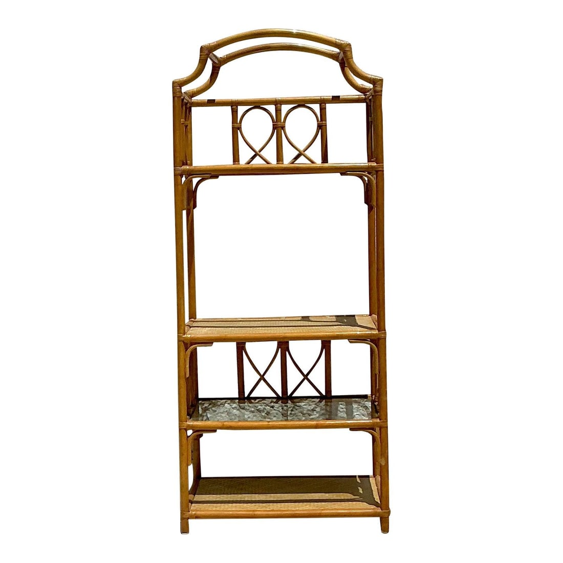 Vintage Rattan Bamboo Etagere with Notched Arch Design: Vintage Rattan Bamboo Etagere with Notched Arch Design Embrace coastal elegance with this stunning vintage rattan and bamboo etagere, featuring a gracefully notched arched top. Crafted with artistry,