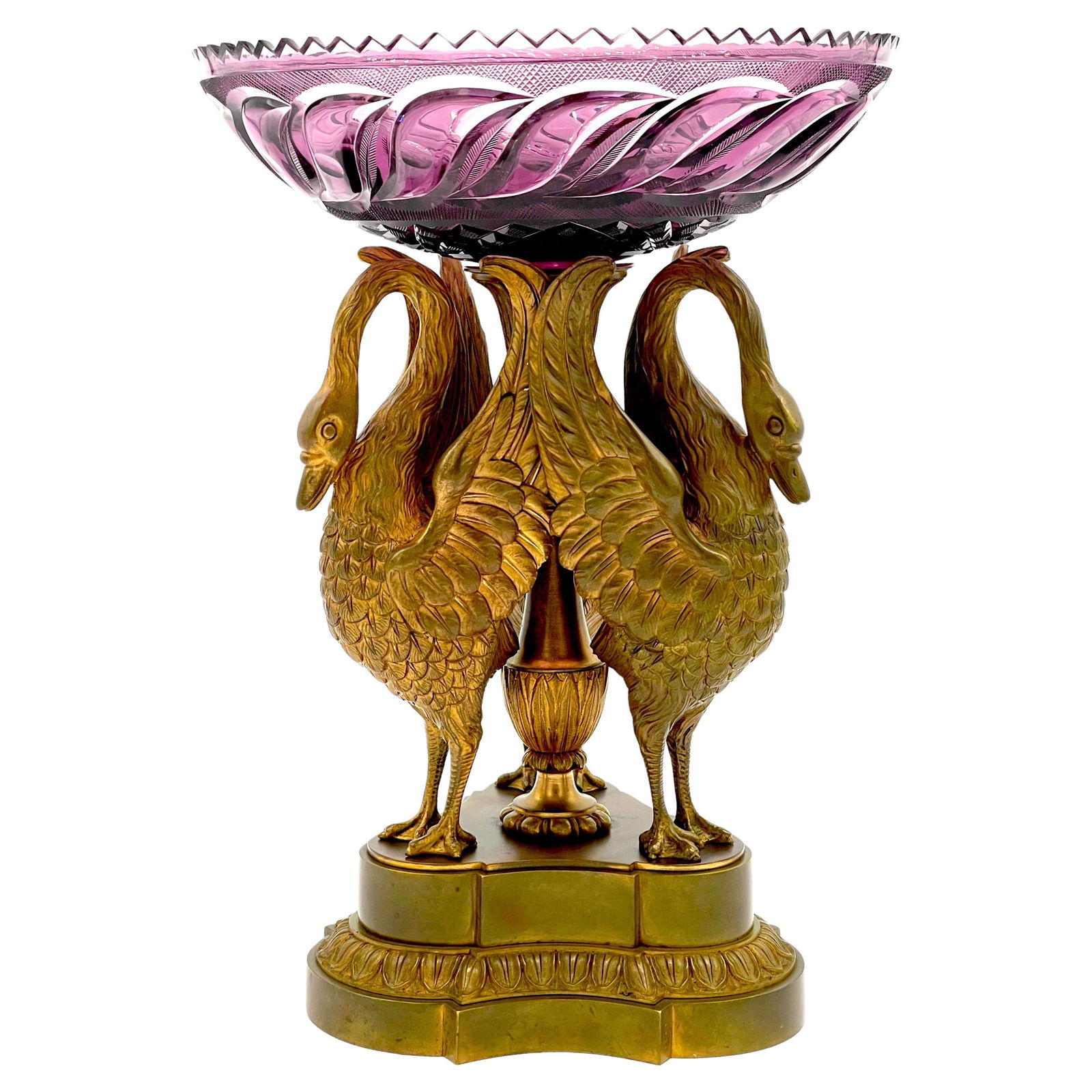 19th Century Russian Ormolu Amethyst Glass Swan Centerpiece: 19th Century Russian Ormolu Amethyst Glass Swan Centerpiece This exquisite Russian Ormolu and Amethyst Glass Swan Centerpiece, attributed to the Imperial Russian Glass Works, showcases the elegance an