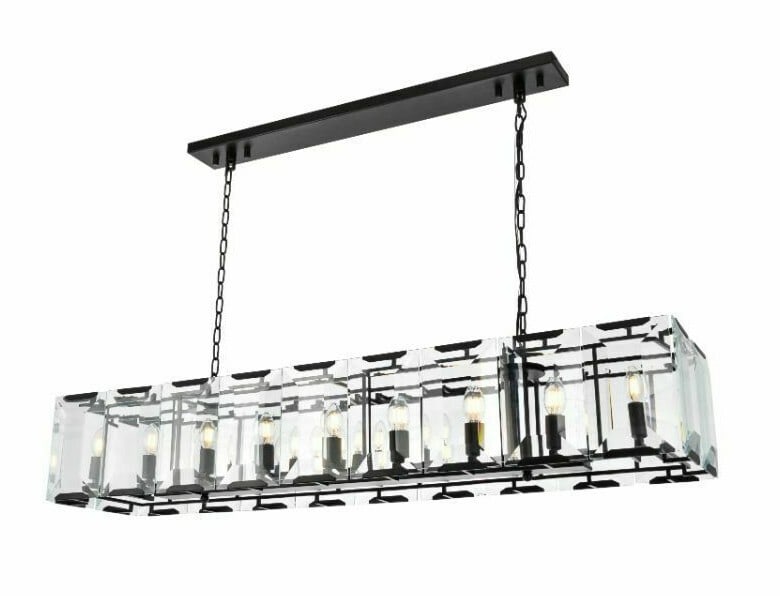Monaco 18-Light Flat Black Chandelier 60 Inch Modern Design: Monaco 18-Light Flat Black Chandelier 60 Inch Modern Design This stunning chandelier features a sleek flat black frame and glass design, perfect for enhancing any dining room, kitchen island, or foyer