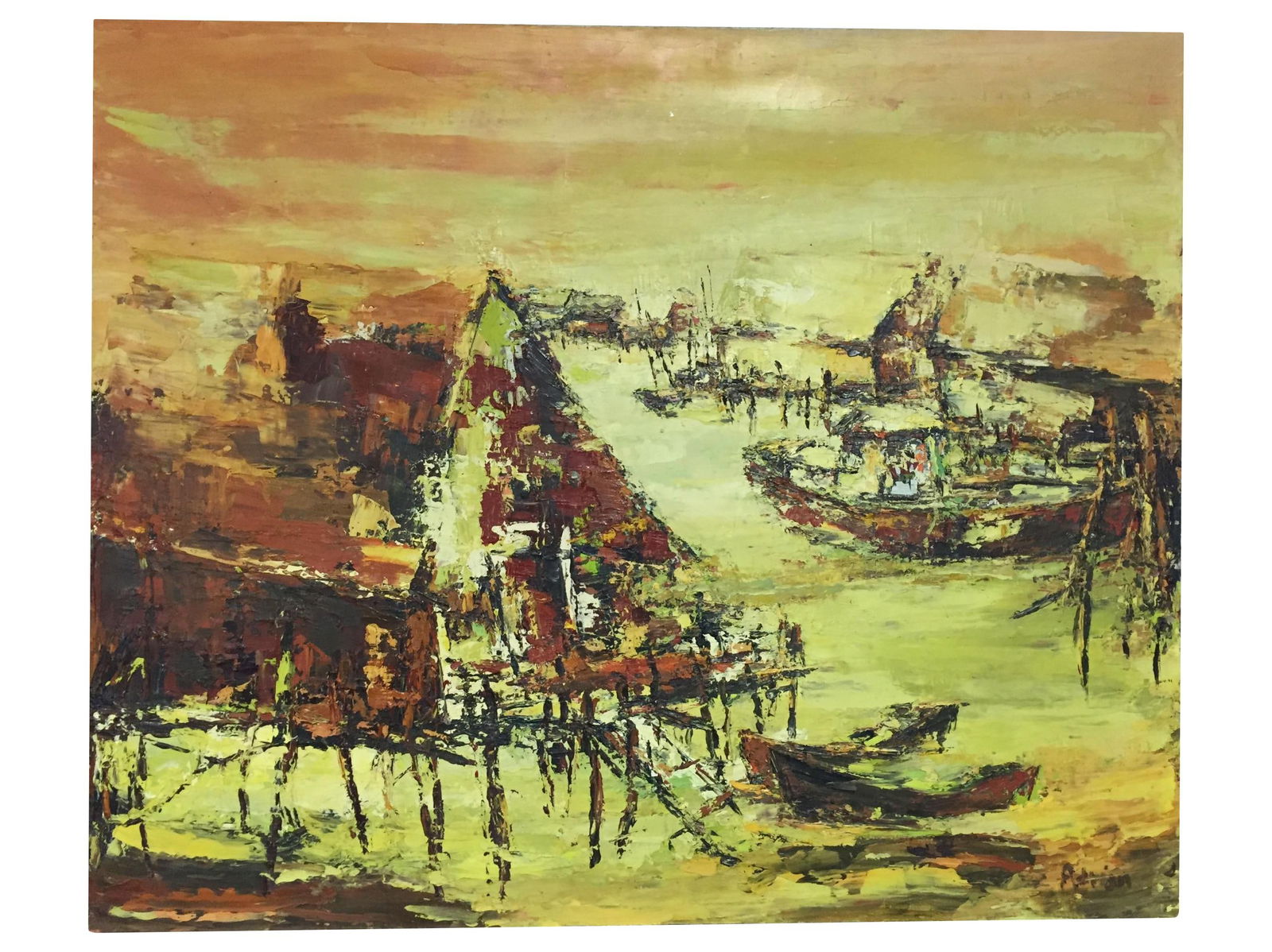 Mid-Century Signed Adrian Green Boats Oil Painting: Mid-Century Signed Adrian Green Boats Oil Painting This captivating Mid-Century impressionist oil painting features a serene depiction of docked boats in a picturesque port. The artwork is signed by A