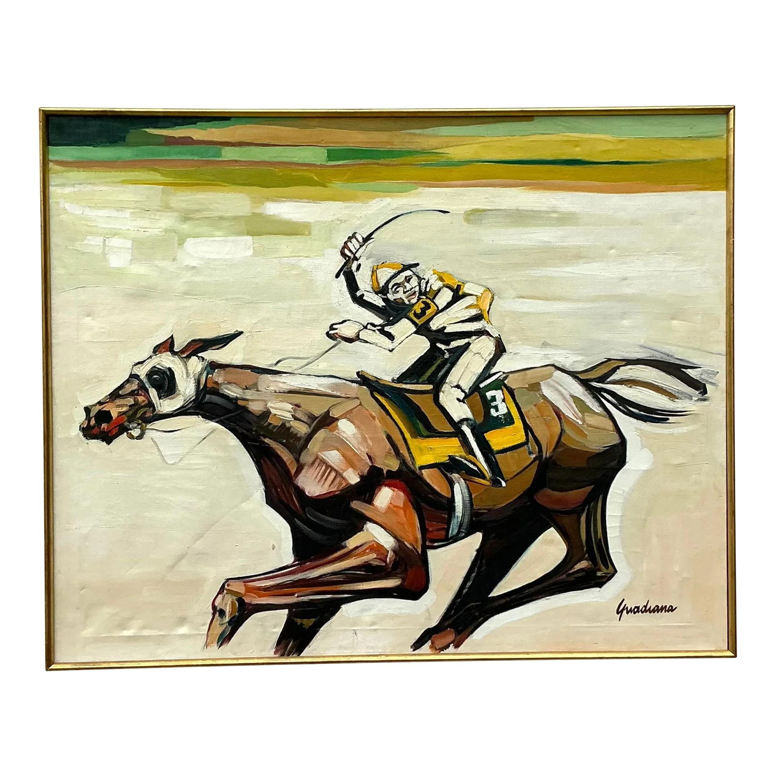 Vintage Boho Jockey Racing Horse Oil Painting in Gold Frame (1 of 6)