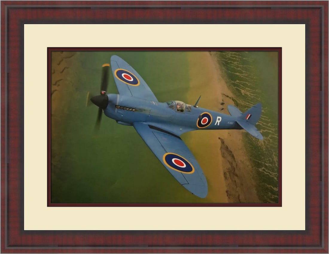 Custom Framed SUPER MARINE SPITFIRE Print by Philip Makanna: Custom Framed SUPER MARINE SPITFIRE Print by Philip Makanna Enhance your space with this stunning custom framed print of the Super Marine Spitfire, created by artist Philip Makanna. This medium-sized