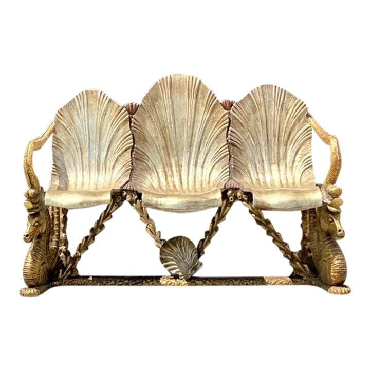Vintage Gilt Carved Grotto Seahorse Bench Coastal Art Piece: Vintage Gilt Carved Grotto Seahorse Bench Coastal Art Piece Elevate your decor with this Vintage Gilt Carved Grotto and Seahorse Bench, reminiscent of the enchanting Venetian seaside. This exceptional