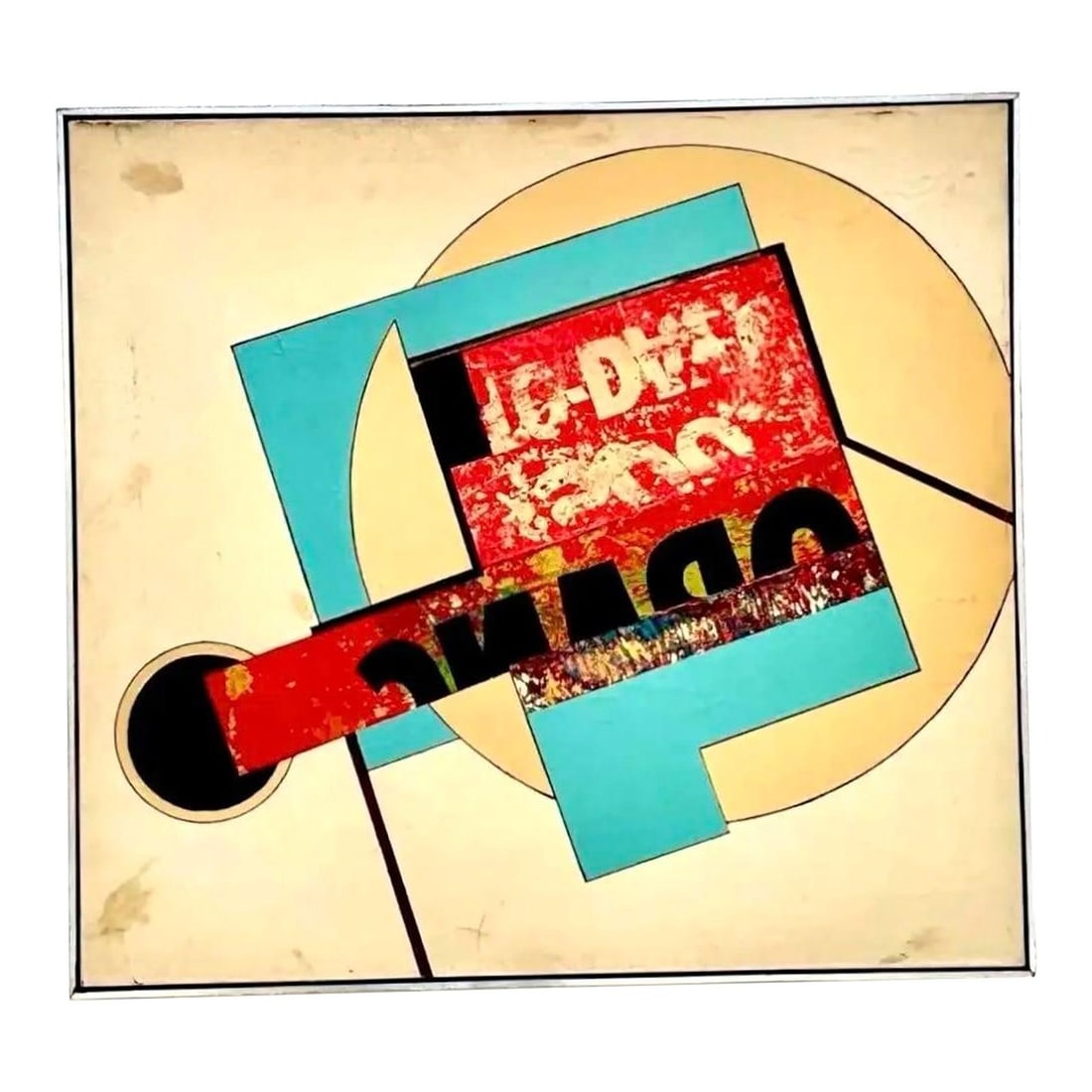 Geometric Abstract Canvas Artwork with Silver Framing and Red Accent Band (1 of 7)