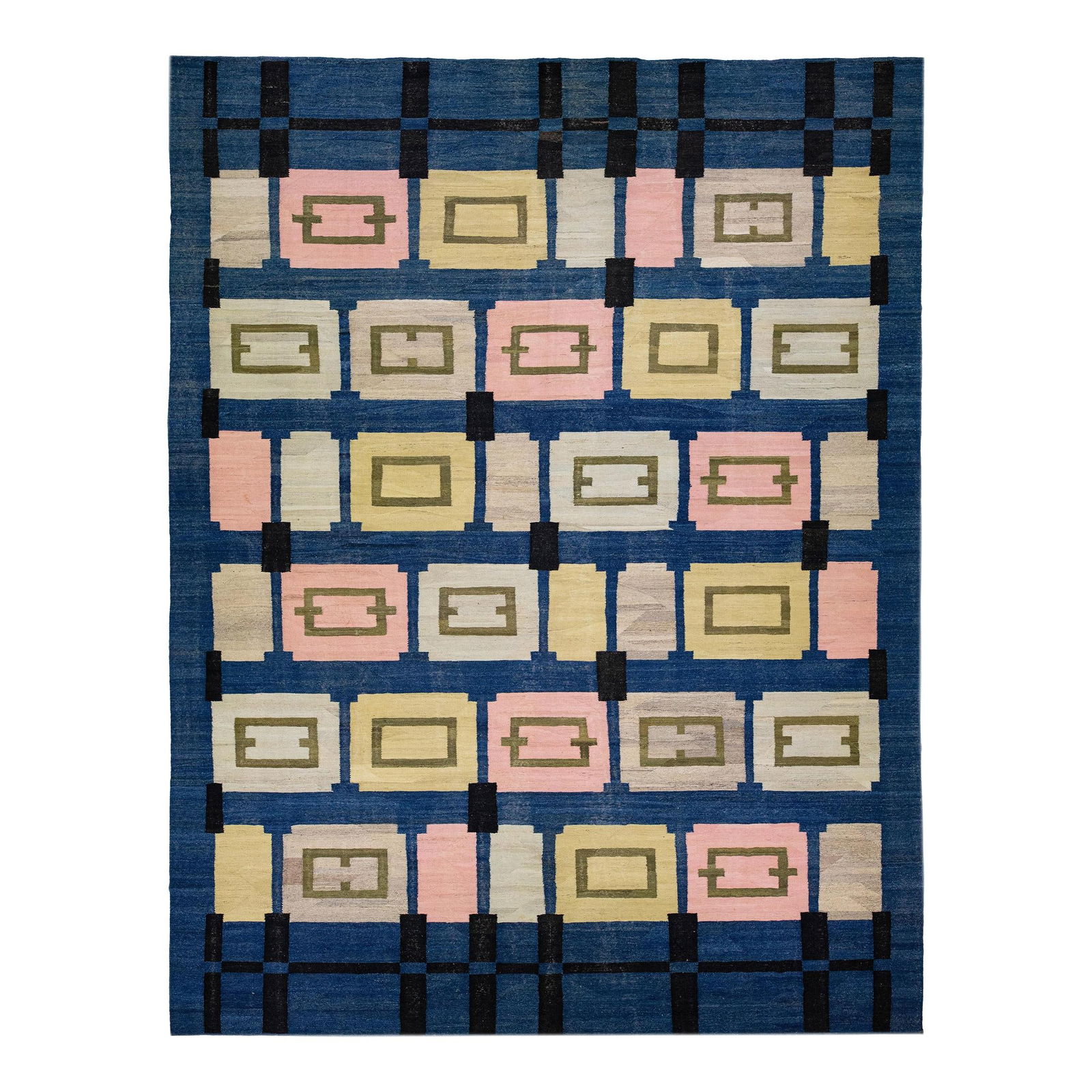 Oversized Navy Blue Kilim Wool Rug with Geometric Design (1 of 7)