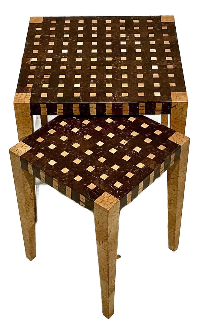 Vintage Boho Coconut Shell Nesting Tables Set of 2: Vintage Boho Coconut Shell Nesting Tables Set of 2 Enhance your living space with the Vintage Boho Tessellated Coconut Shell Nesting Tables, a set of two that embodies artisanal charm and earthy elega