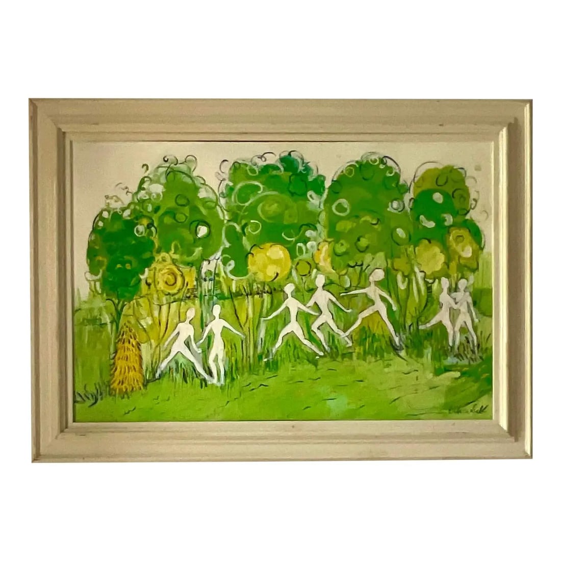 Signed Abstract Figural Oil Painting on Canvas in Green 20th Century: Signed Abstract Figural Oil Painting on Canvas in Green 20th Century This late 20th century vintage signed original abstract figural oil painting on canvas features dynamic figures intertwined with lu