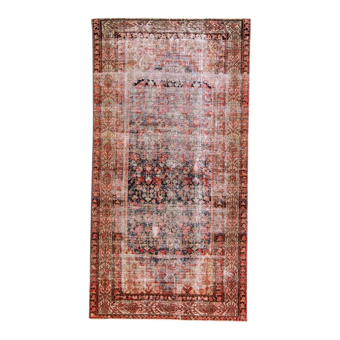 Vintage Floral Handmade Red Wool Rug 4'10 x 9'3 Distressed Design: Vintage Floral Handmade Red Wool Rug 4'10 x 9'3 Distressed Design Enhance your living space with this beautiful vintage hand-knotted wool rug. Featuring a stunning floral design on a rich red