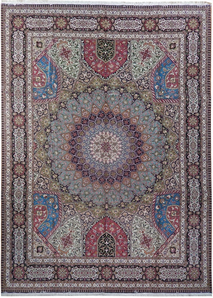 Authentic Persian Tabriz Rug 9.10 x 13.3 Wool Silk Gonbad Dom Design: Authentic Persian Tabriz Rug 9.10 x 13.3 Wool Silk Gonbad Dom Design Free continental US Shipping Experience luxury with this authentic Persian Tabriz rug, featuring a stunning Gonbad Dom design.