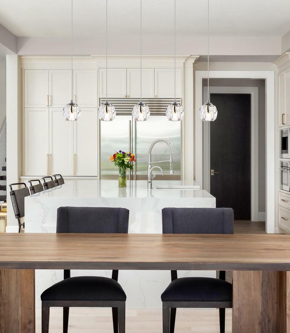 Eren 5-Light Modern Chrome Pendant Chandelier with Crystal Shades 32-inch: Eren 5-Light Modern Chrome Pendant Chandelier with Crystal Shades 32-inch Enhance your living space with this stunning 5-Light Crystal Pendant Chandelier, designed for modern dining rooms or kitchen