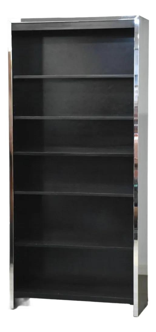 Milo Baughman Style Black Chrome Bookcase by John Stuart 1960s: Milo Baughman Style Black Chrome Bookcase by John Stuart 1960s This striking mid-century modern black bookcase features sleek chrome details, embodying the classic style often attributed to Milo Baugh