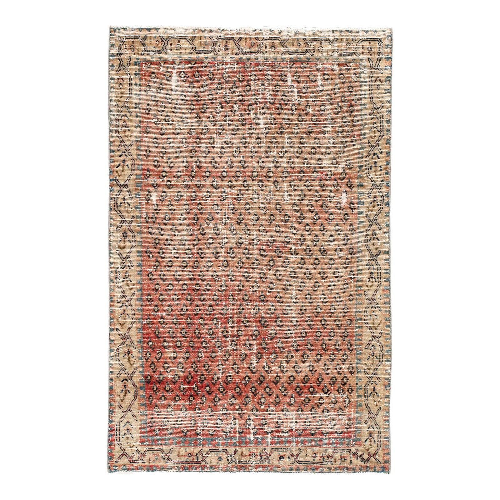 Vintage Persian Handmade Red Wool Rug with Tribal Design 3'7 X 5'8: Vintage Persian Handmade Red Wool Rug with Tribal Design 3'7 X 5'8 Enhance your living space with this exquisite vintage Persian distressed hand-knotted wool rug. Featuring a vibrant red field adorned