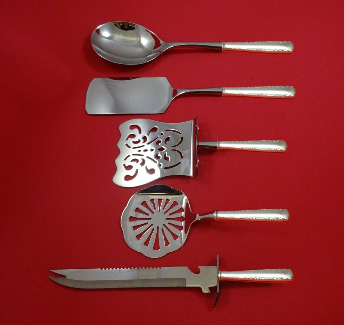 Gorham Camellia Sterling Silver 5-Piece Brunch Serving Set: Gorham Camellia Sterling Silver 5-Piece Brunch Serving Set Enhance your brunch gatherings with this exquisite Camellia by Gorham Sterling Silver 5-Piece Hostess Serving Set. Expertly crafted with holl