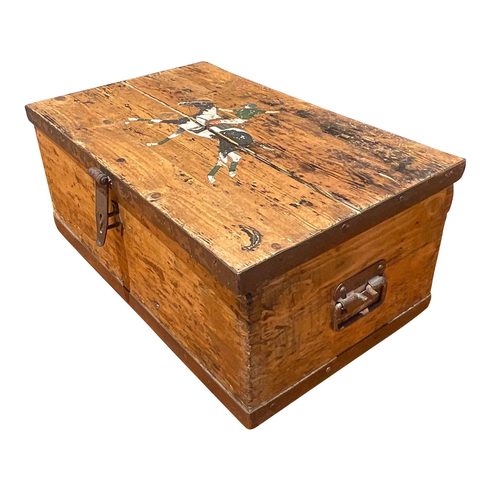 Vintage Primitive Jockey Plank Chest Rustic Americana Wood Metal: Vintage Primitive Jockey Plank Chest Rustic Americana Wood Metal Embrace rustic Americana charm with this Vintage Primitive Jockey Plank Chest. Crafted from sturdy wood and featuring classic jockey im