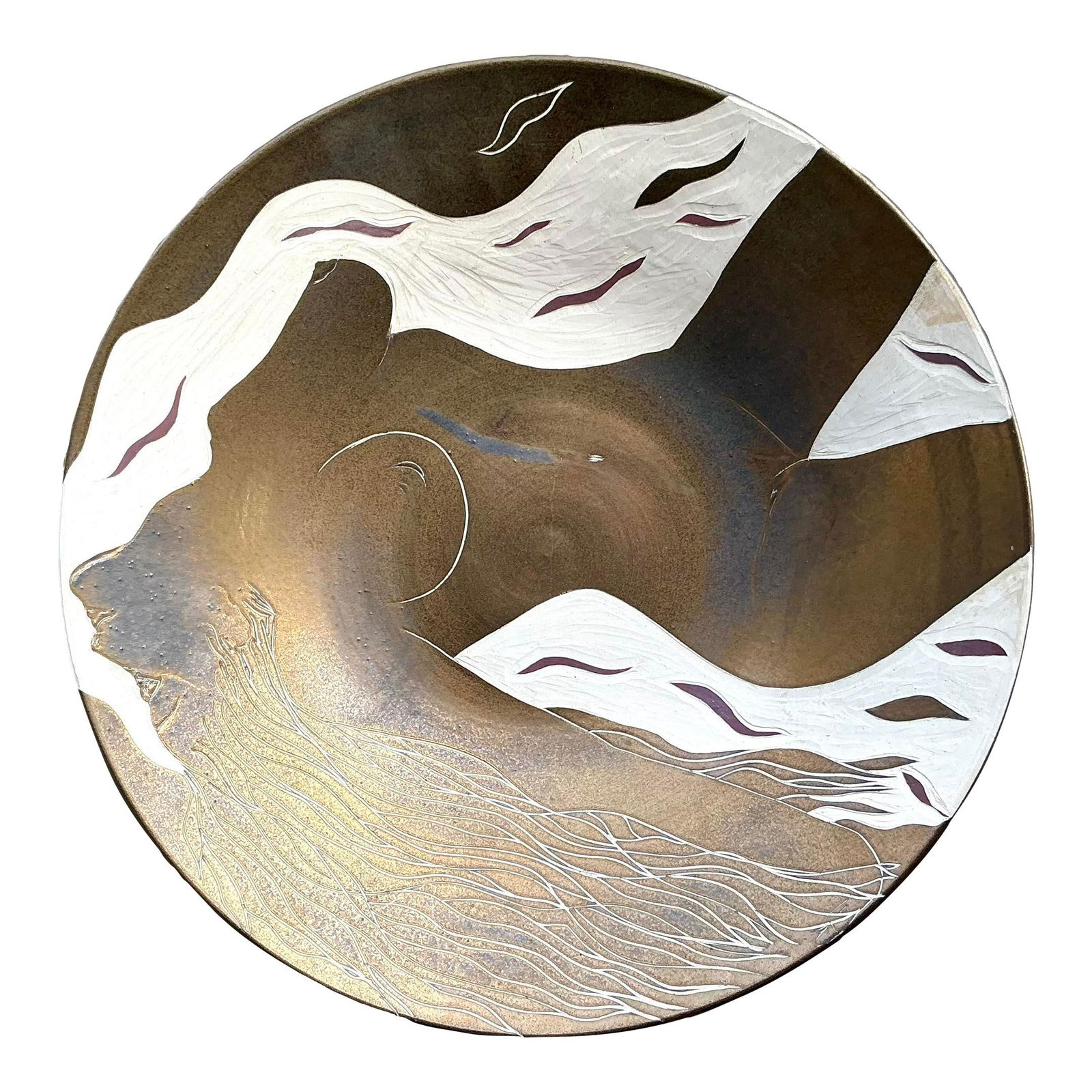 Vintage Boho Hand Painted Ceramic Bowl Bronze 17.75" (1 of 7)