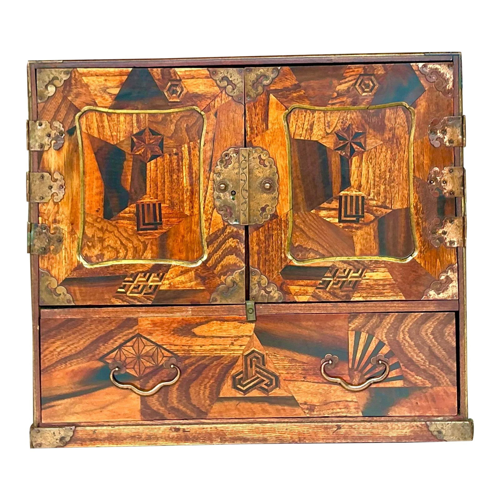 Vintage Asian Marquetry Tansu Cabinet with Brass Hardware: Vintage Asian Marquetry Tansu Cabinet with Brass Hardware Discover a stunning vintage Asian marquetry Tansu table cabinet, showcasing exceptional craftsmanship and functionality. This exquisite piece