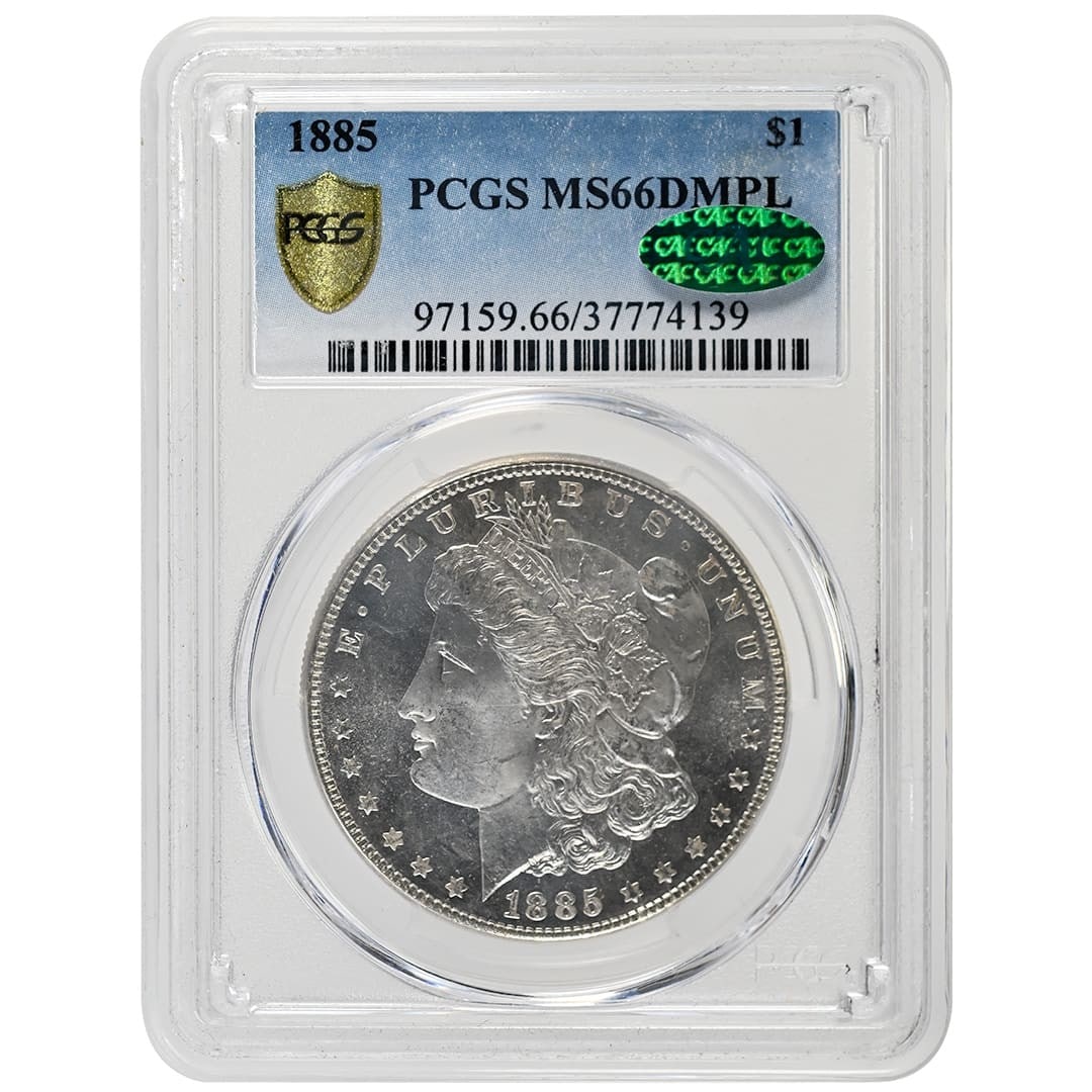 1885 Morgan Dollar $1 PCGS MS66DMPL CAC Rare Deep Mirror Proof-Like: 1885 Morgan Dollar $1 PCGS MS66DMPL CAC Rare Deep Mirror Proof-Like This 1885 $1 Morgan Dollar is a stunning example of numismatic excellence, graded MS66DMPL by PCGS and confirmed by CAC. The coin is